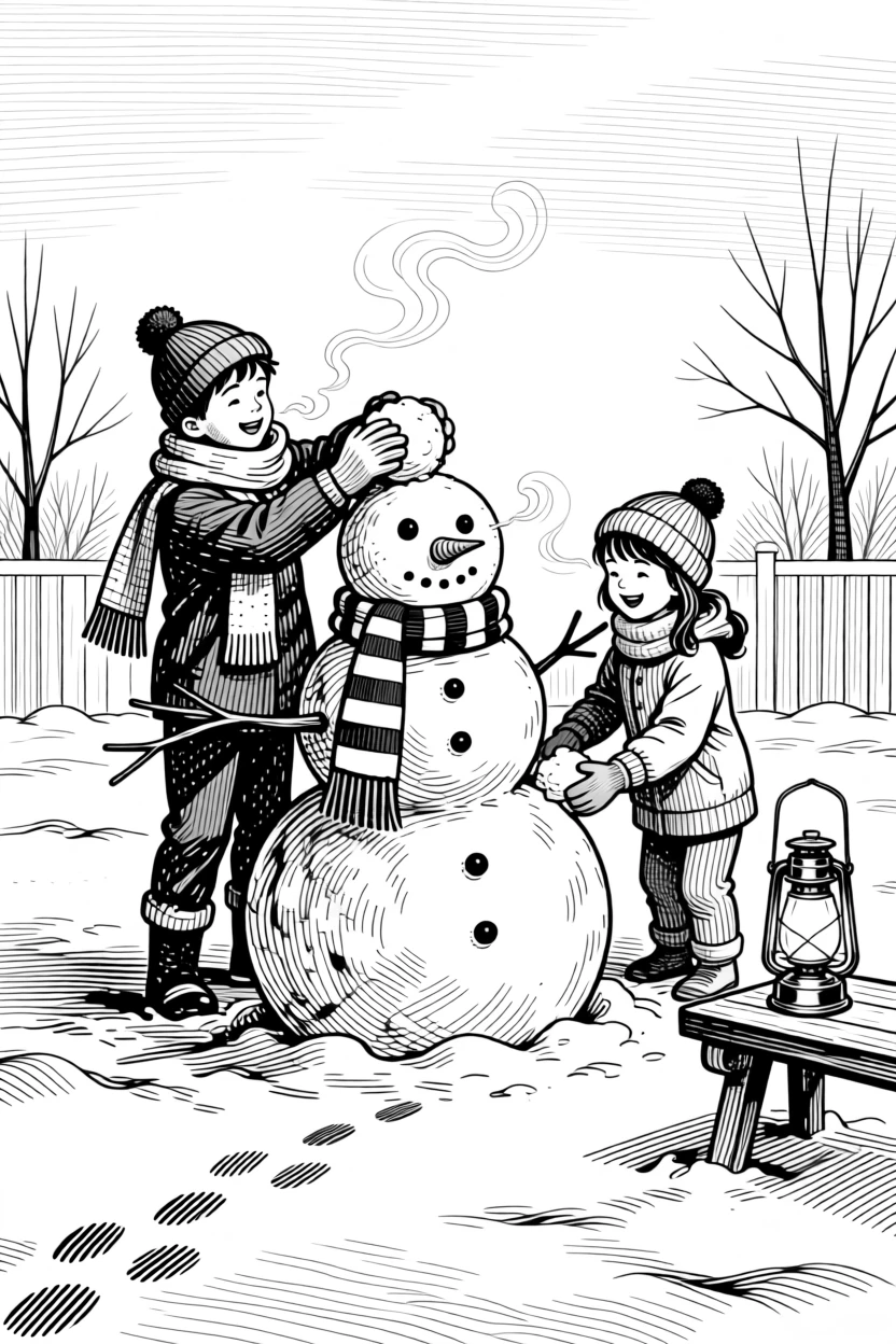 Children building a snowman in a quiet yard with soft candlelight flickering nearby, with footprints trailing through fresh snow, capturing a cheerfully celebratory seasonal moment.