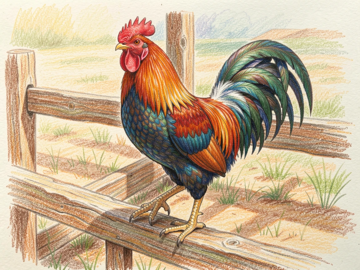 A colorful rooster strutting across a sunlit farmyard fence, with rich, inviting textures throughout the scene, capturing a quiet story that lingers with the viewer.