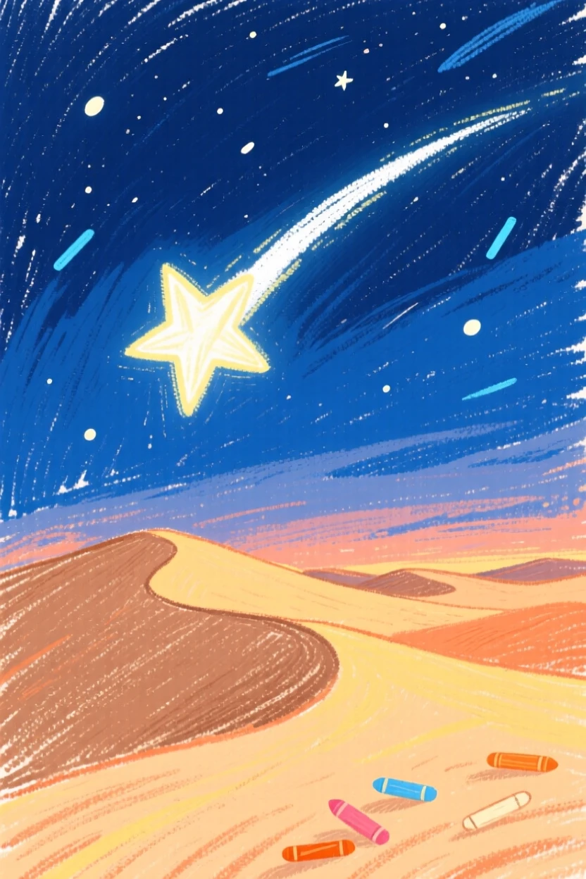 A shooting star glowing above a quiet desert horizon.