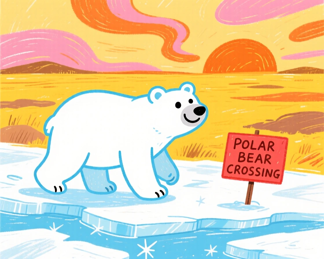 A polar bear walking across an icy landscape at golden sunset on the African plains.
