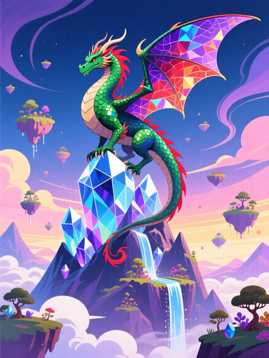 A majestic dragon perched atop a crystal mountain peak, set within a dreamlike sky filled with floating islands, framed with a grand, sweeping sense of wonder and scale, with rich jewel tones that evoke wonder and imagination.