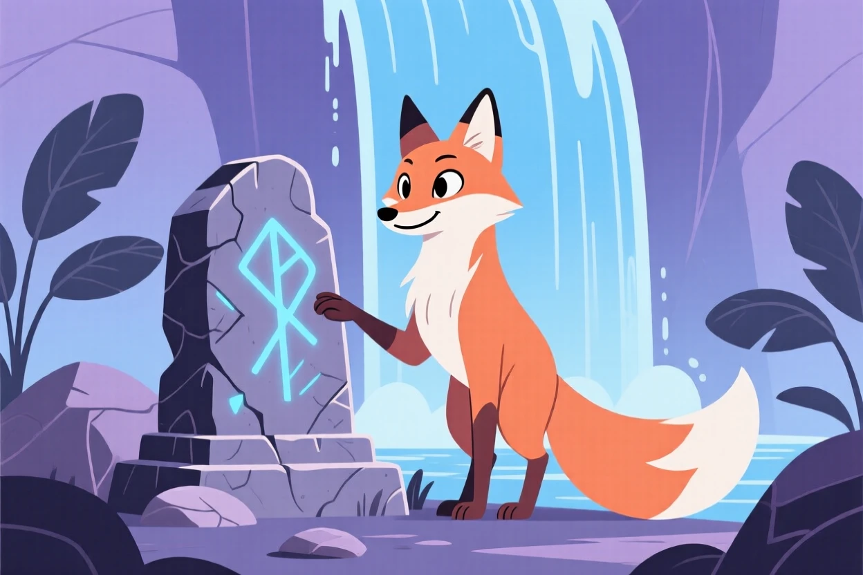 A talking fox spirit guarding an ancient relic near an enchanted waterfall.