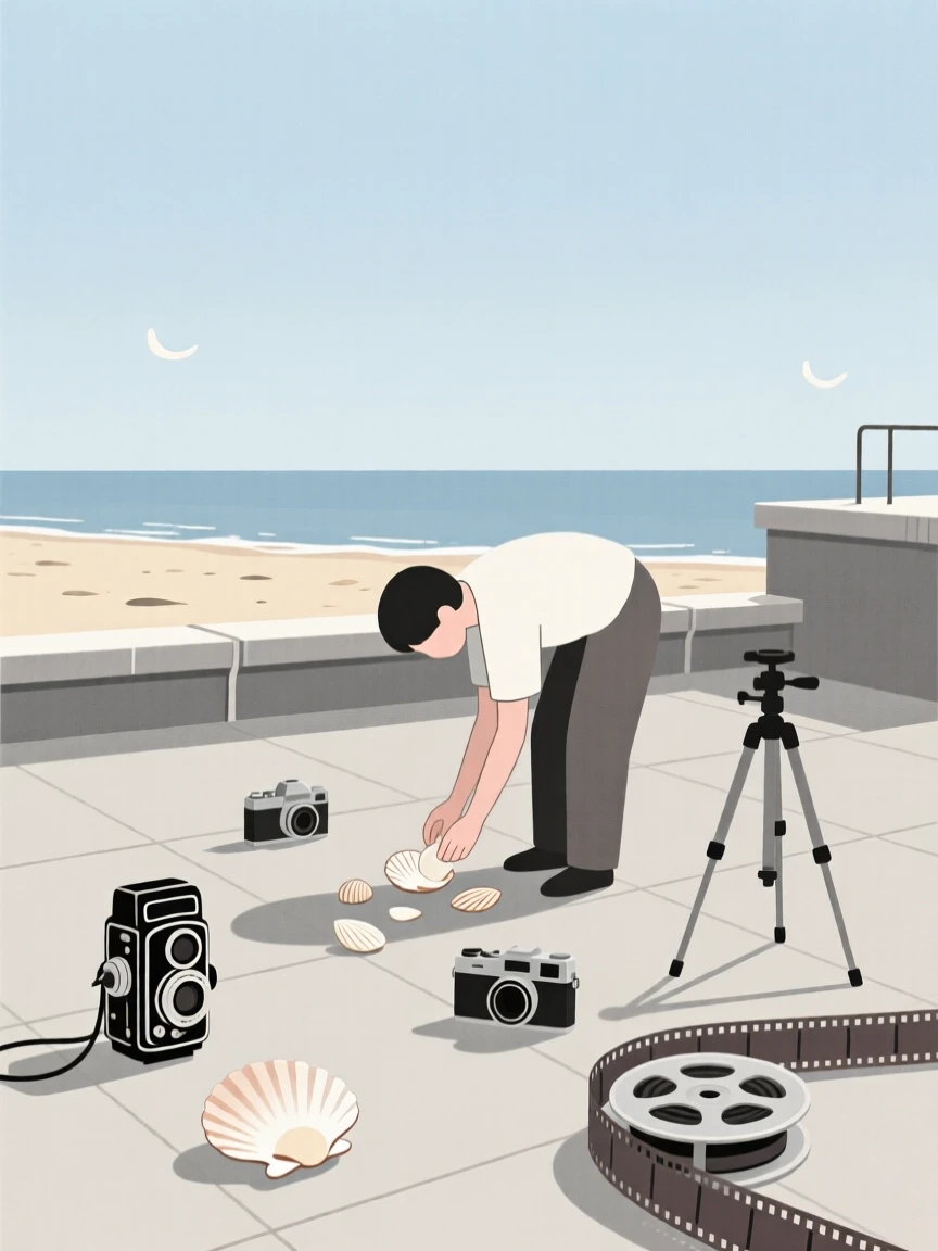 A person collecting seashells on a beach in a rooftop under open sky, surrounded by vintage camera equipment, showing focused calm.