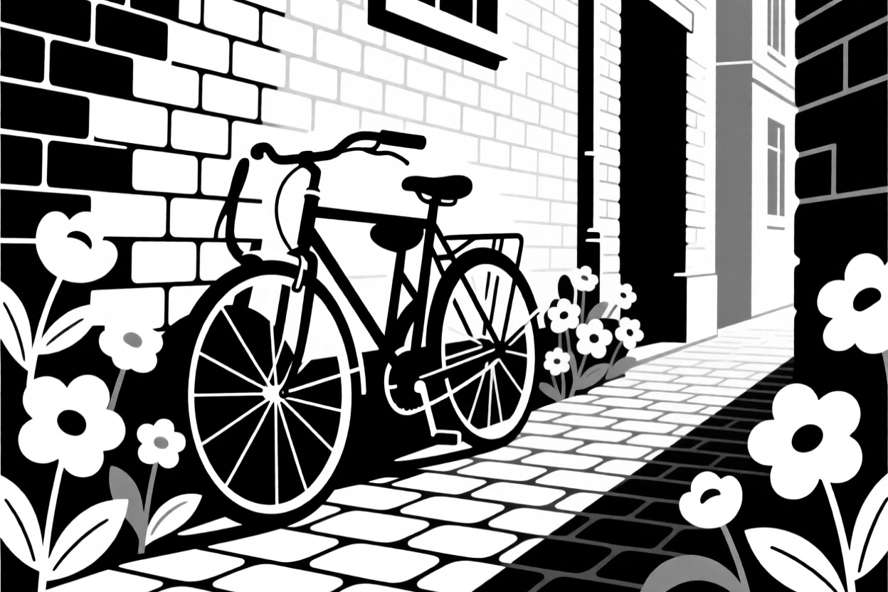 A bicycle leaning against a wall in a flower-filled alley.