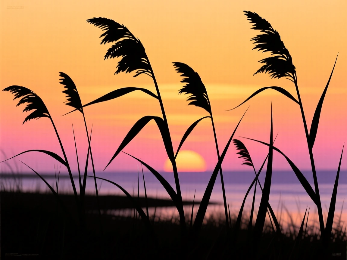 A quiet coastal marsh glowing gold at sunset with tall grasses swaying.
