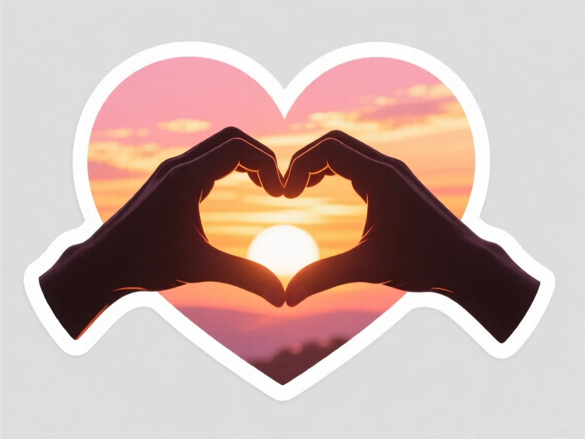 A warmly encouraging scene of a two hands forming a heart shape against a sunset, bathed in warm golden light, capturing a moment of pure hope.