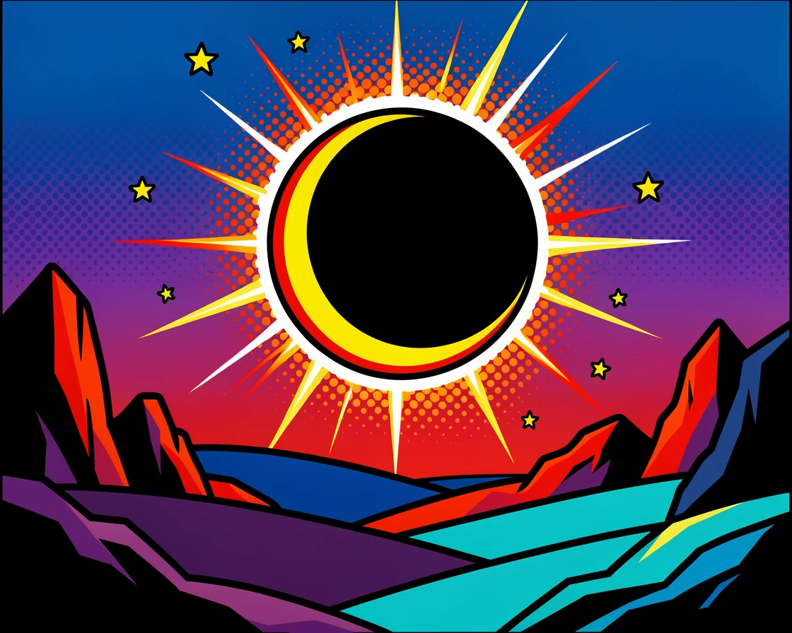A solar eclipse casting an eerie shine over a landscape