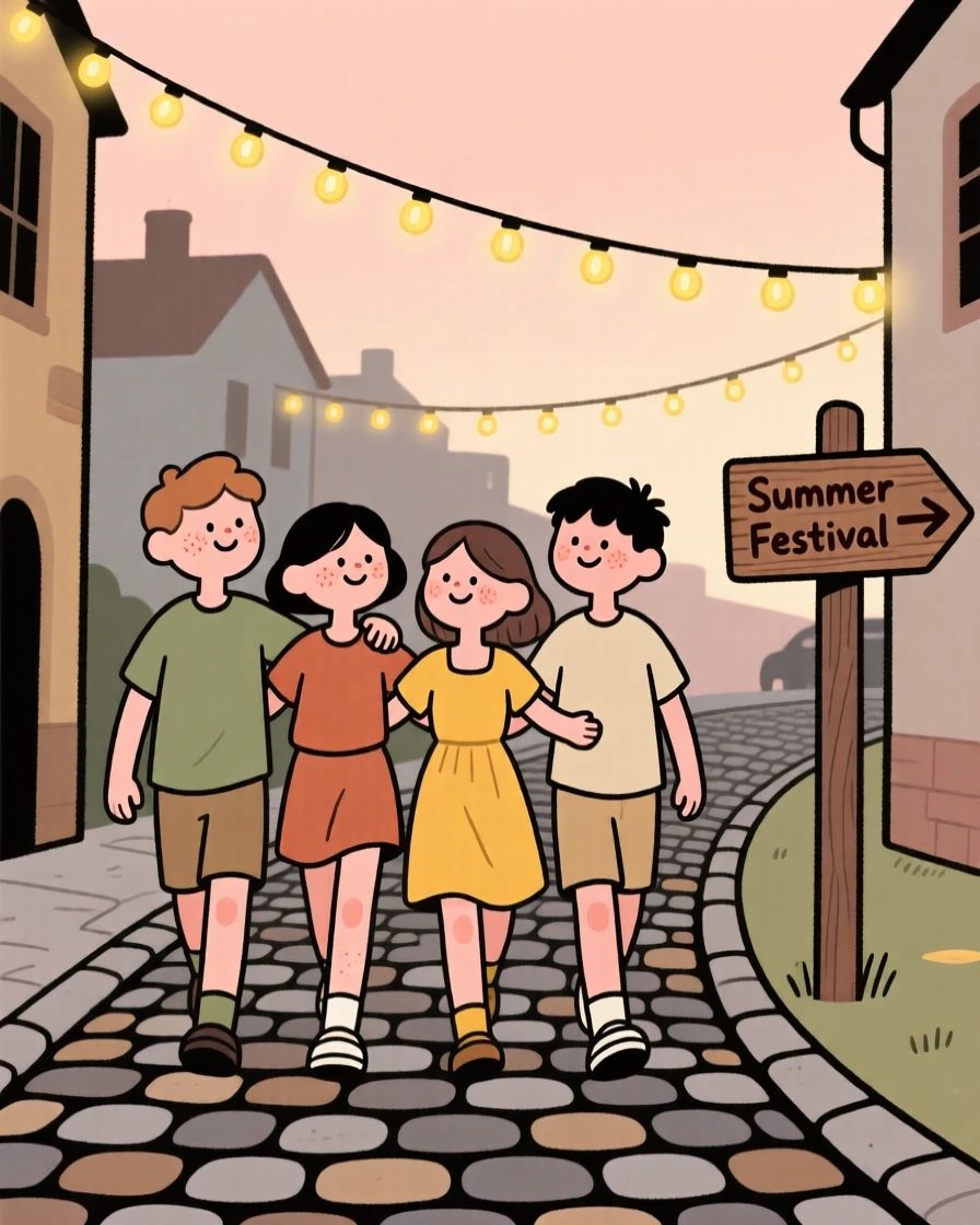 A group of friends link arms and walk down a cobblestone street lined with string lights overhead, heading toward a summer festival.