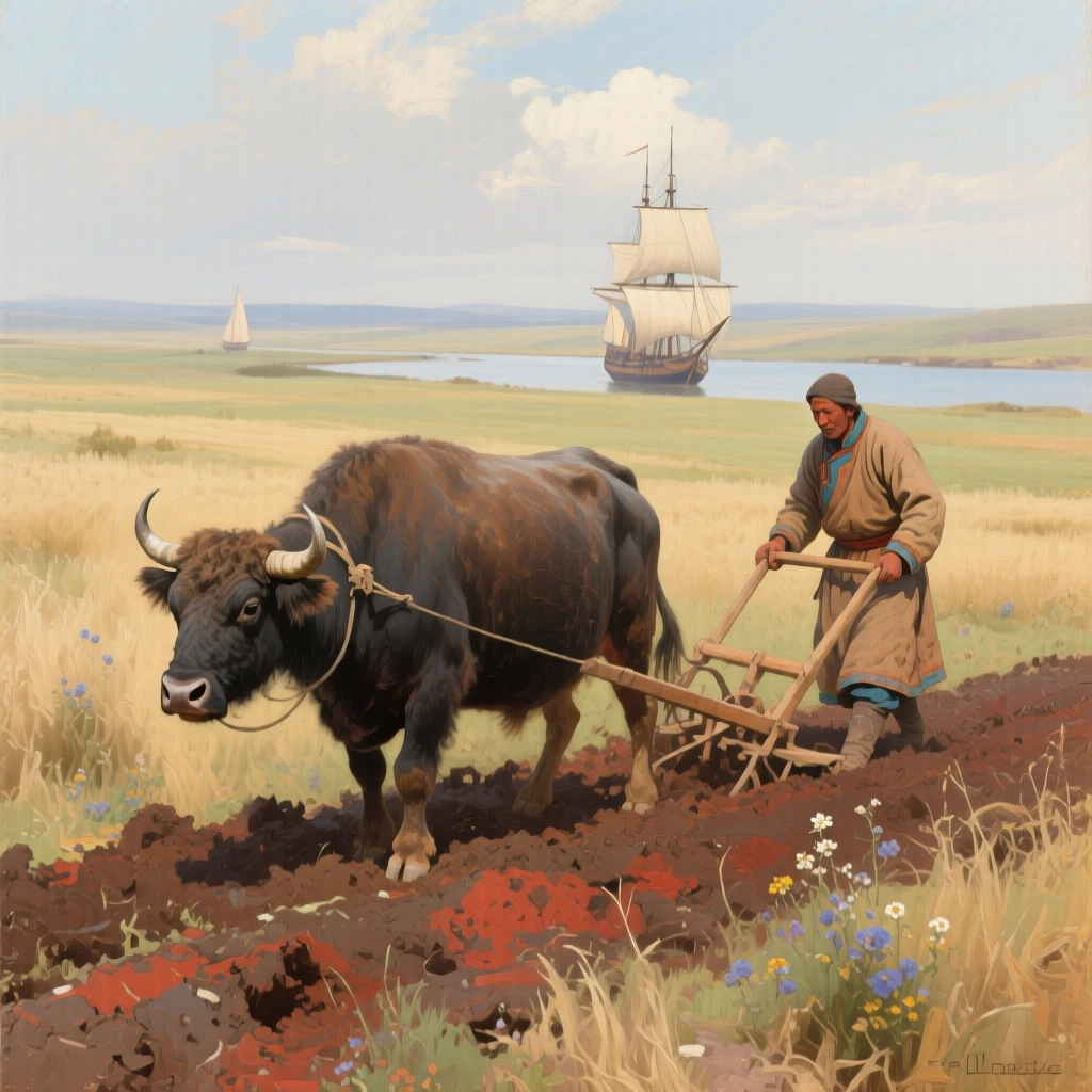 A panoramic view of a farmer plowing a field behind two sturdy oxen, in the age of sailing ships, in the Mongolian steppe.