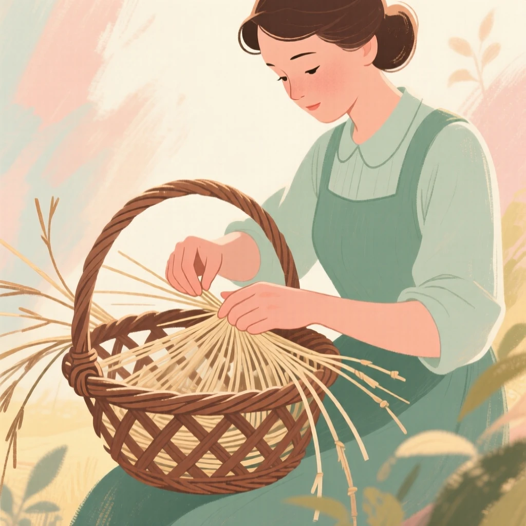 A basket weaver working reeds into a woven pattern