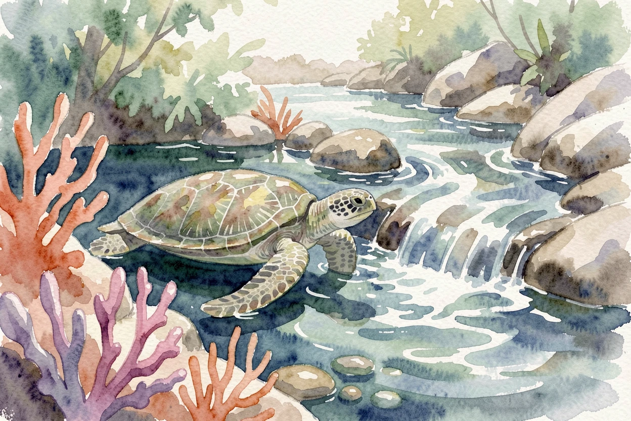 A sea turtle swimming near a reef beside a babbling brook.