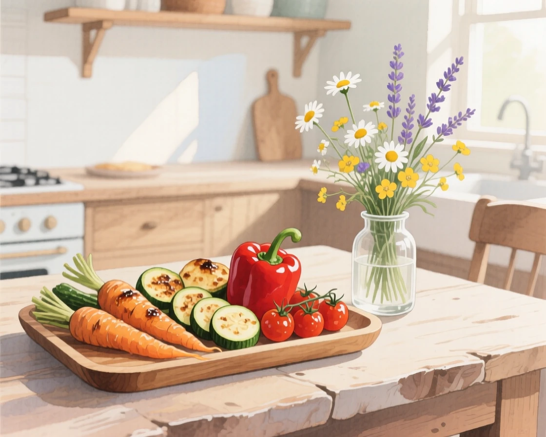A tray of roasted vegetables sits with a small vase of wildflowers nearby in a cozy kitchen at breakfast, arranged beautifully for a delightful meal