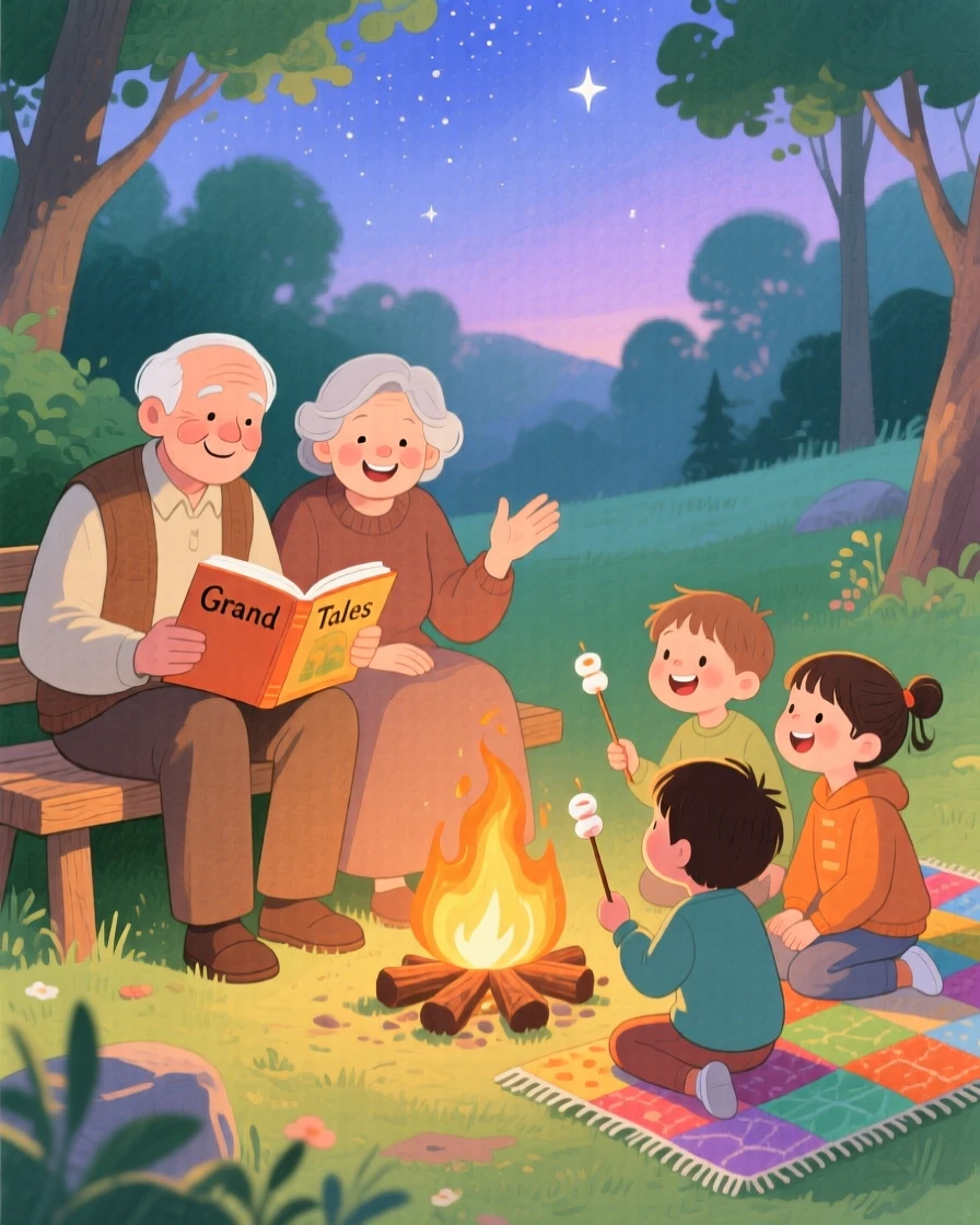 A joyful scene of grandparents telling stories to grandchildren by a fire.