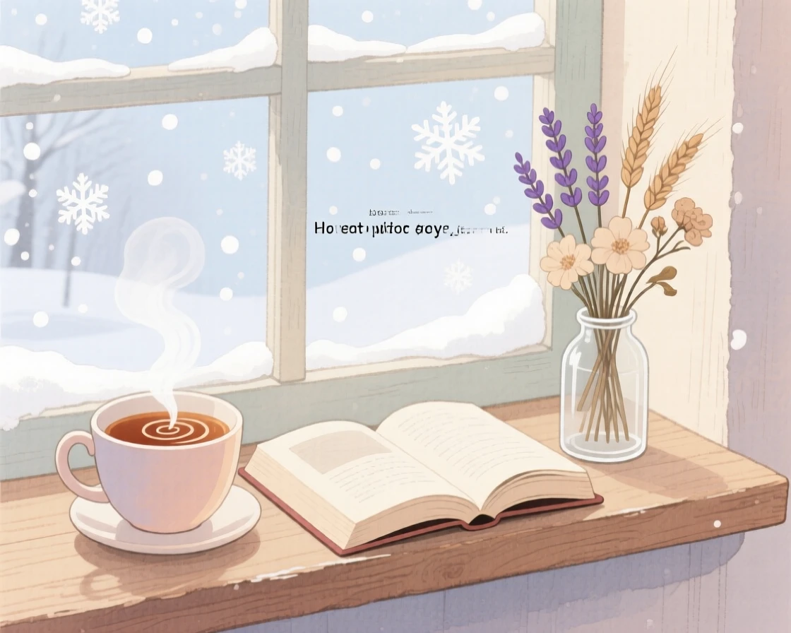 A steaming cup of tea resting beside an open novel on a windowsill overlooking falling snow, with dried flowers tucked into a small vase, radiating warmth and homely peace.