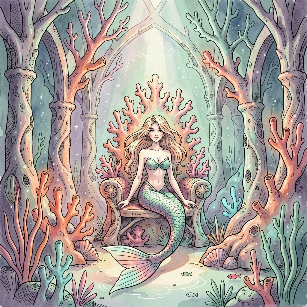 A mermaid's underwater palace glowing with bioluminescent coral, the atmosphere charged with quiet, ancient magic.