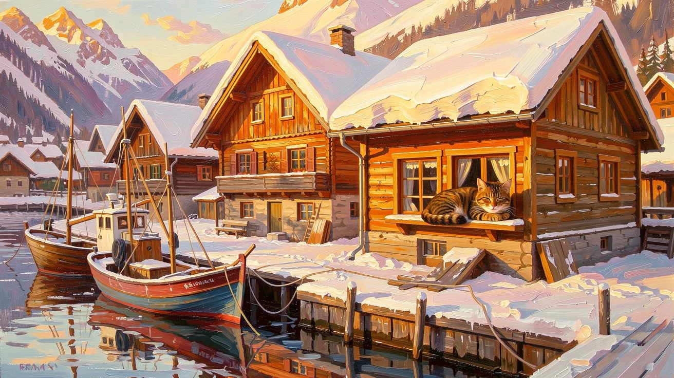 A snow-covered alpine village with steep-roofed chalets, a cat dozing on a sun-warmed windowsill, beside a small harbor filled with fishing boats, at golden hour, rooftops glowing warmly in the low sun.