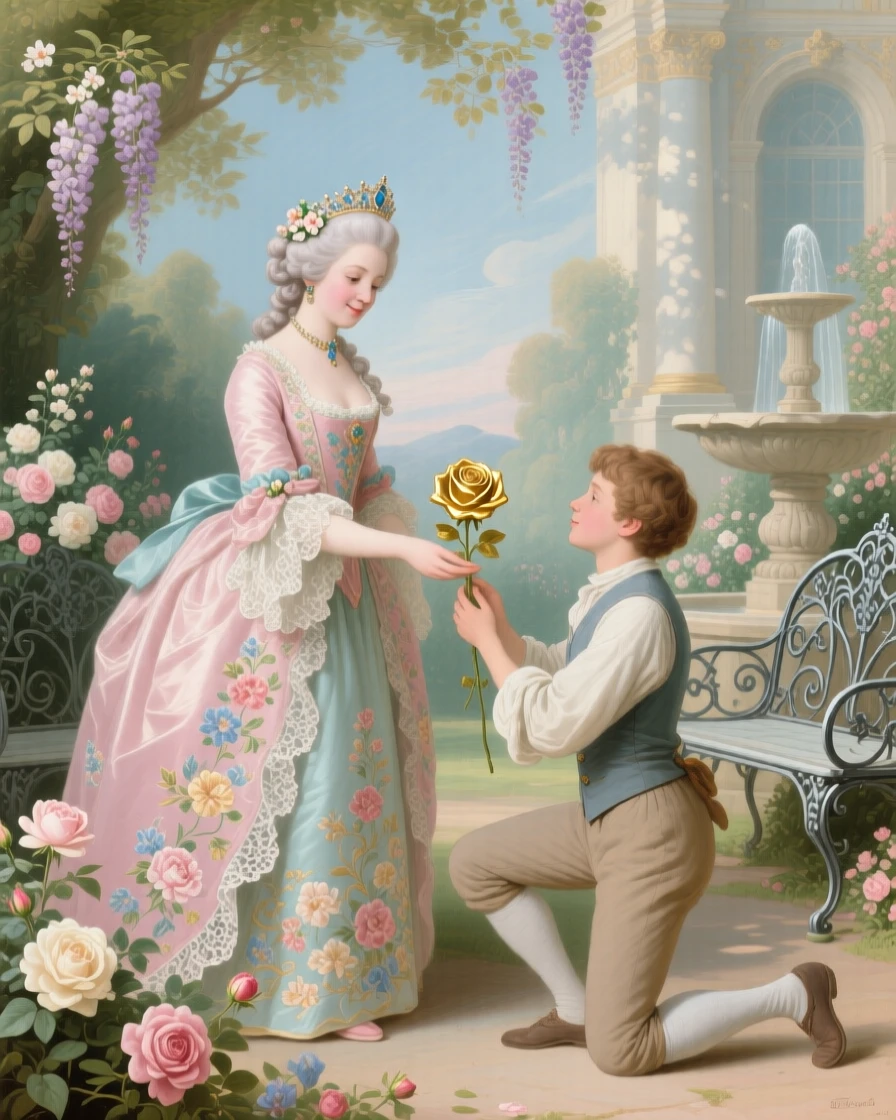 A queen receiving a golden rose from a young gardener  