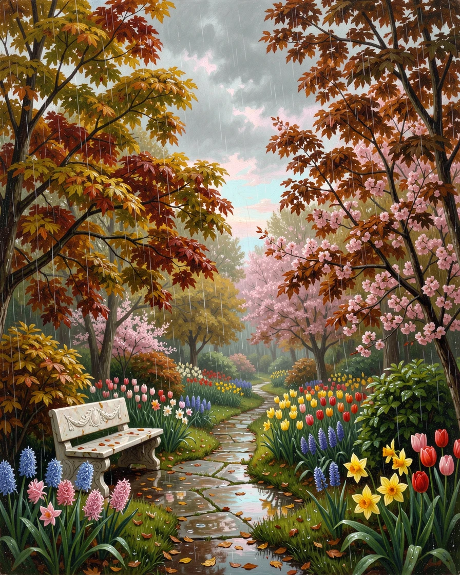 A gentle spring rain rolls across a garden bursting with spring color beneath a canopy of falling leaves.