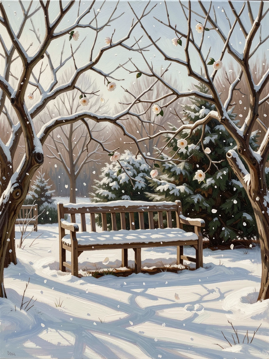 A quiet winter morning with fresh snow untouched across a garden, as soft snow or flower petals drift gently through the air, offering a joyful, memorable seasonal scene for any collection