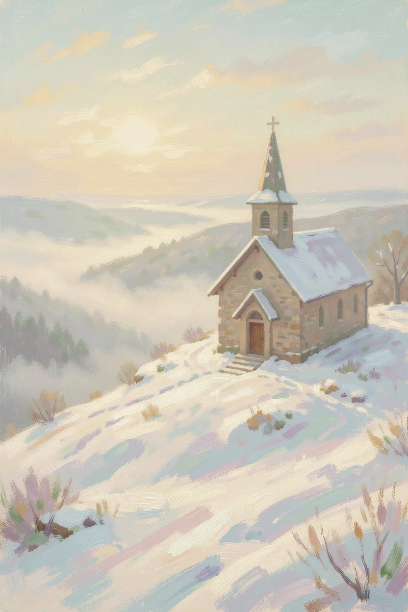 A remote hilltop chapel overlooking a valley blanketed in morning fog, under a fresh blanket of snow, radiating serenity and gentle stillness.