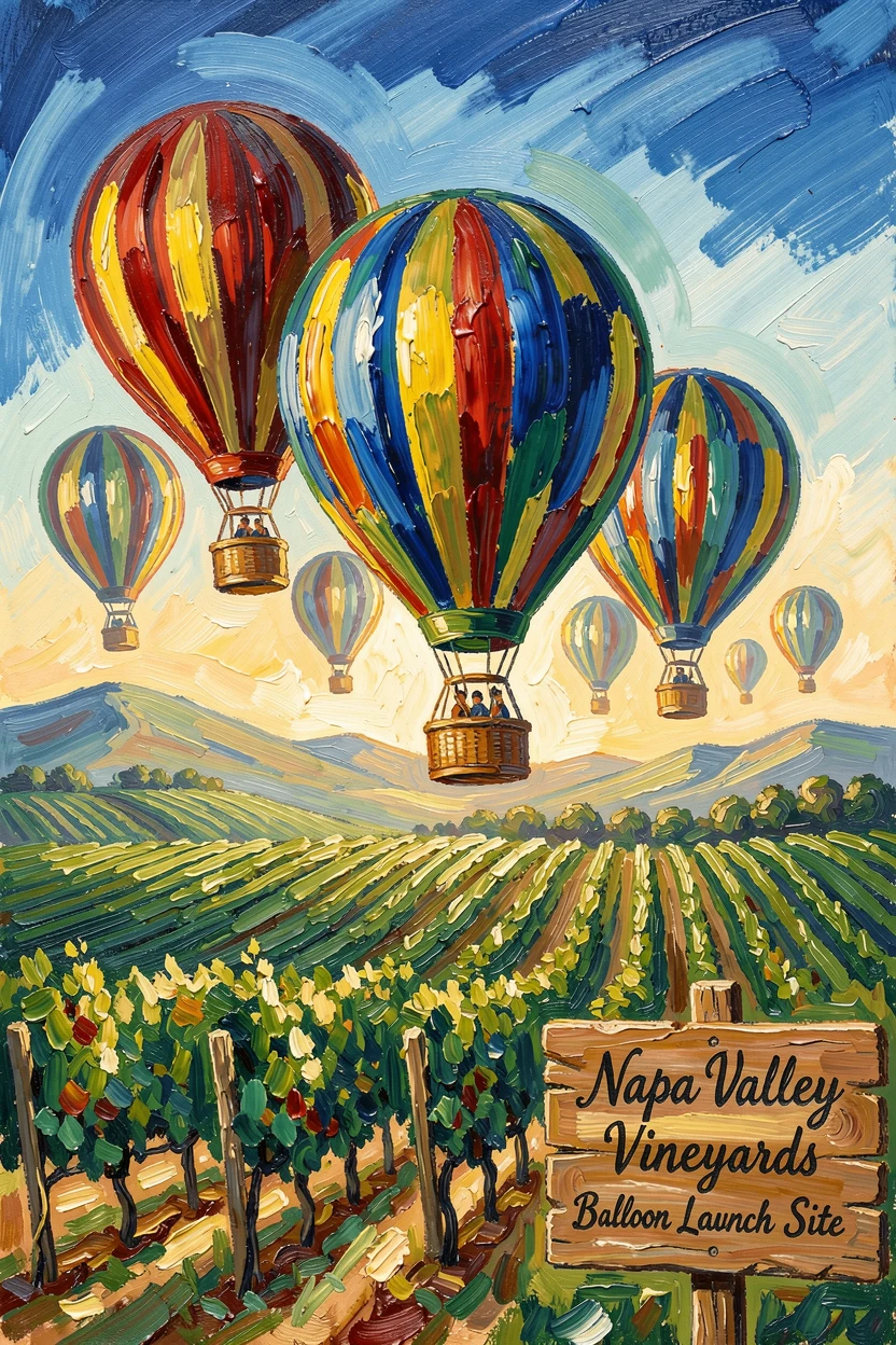 A grand hot air balloon launch over the rolling vineyards of Napa Valley.
