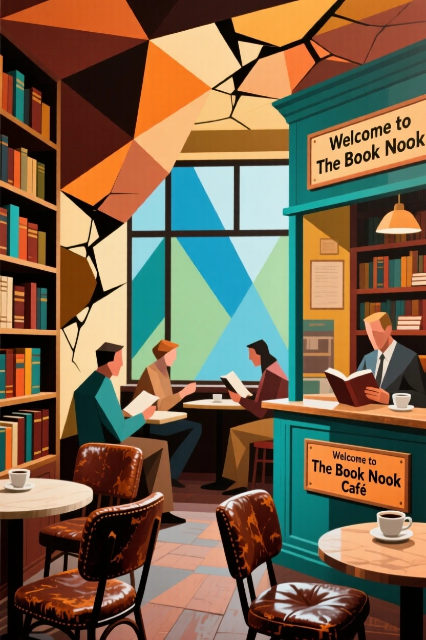 A charming bookshop café with worn leather chairs and shelves reaching the ceiling.