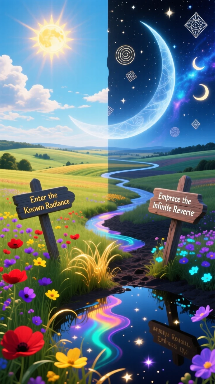 A summer sky split evenly between bright day and starry night settles quietly over a wide, empty countryside, while the ground below begins to shimmer with quiet color.