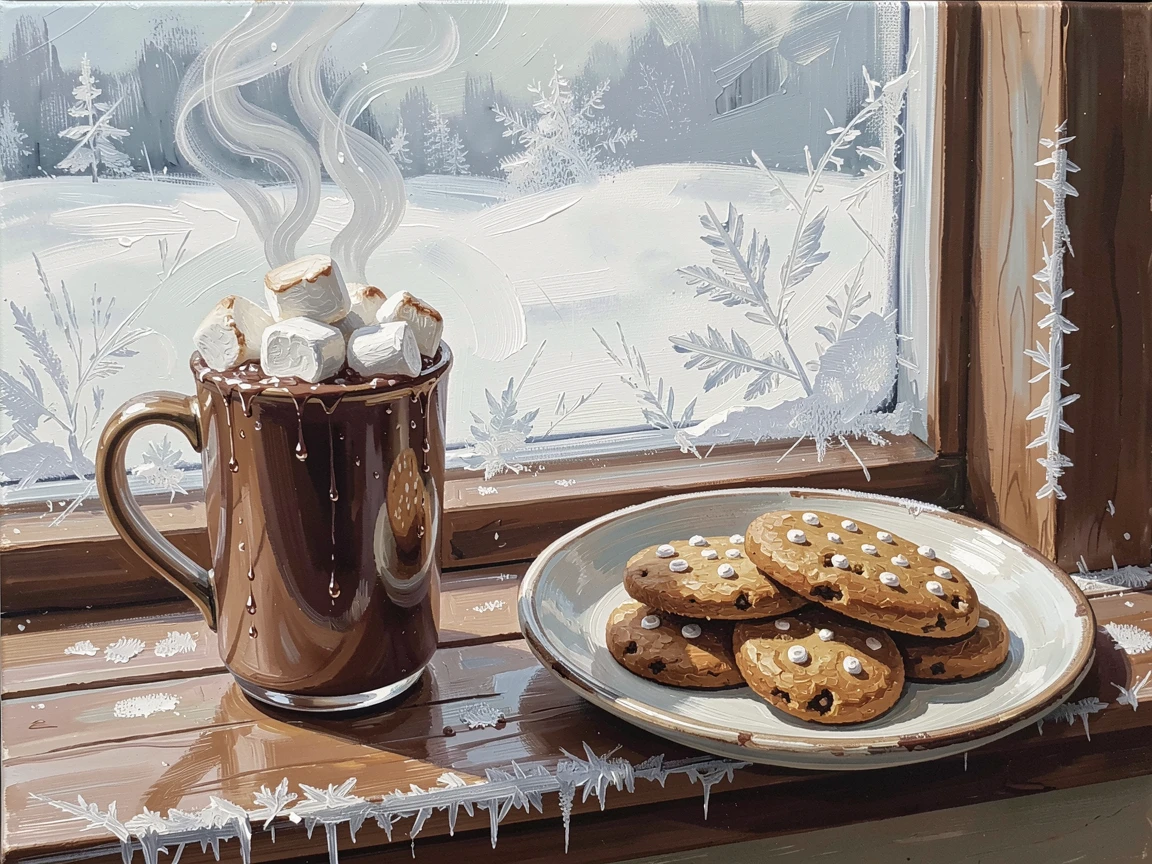 A steaming mug of hot chocolate topped with marshmallows sits beside a plate of warm gingerbread cookies on a snowy windowsill, steam or condensation visible in small details that suggest the dish was just prepared.