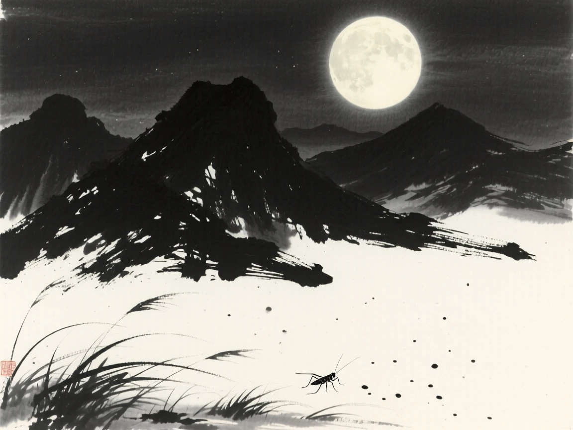 A full moon rises above a range of silhouetted mountain peaks, as crickets sing softly from the surrounding grass.