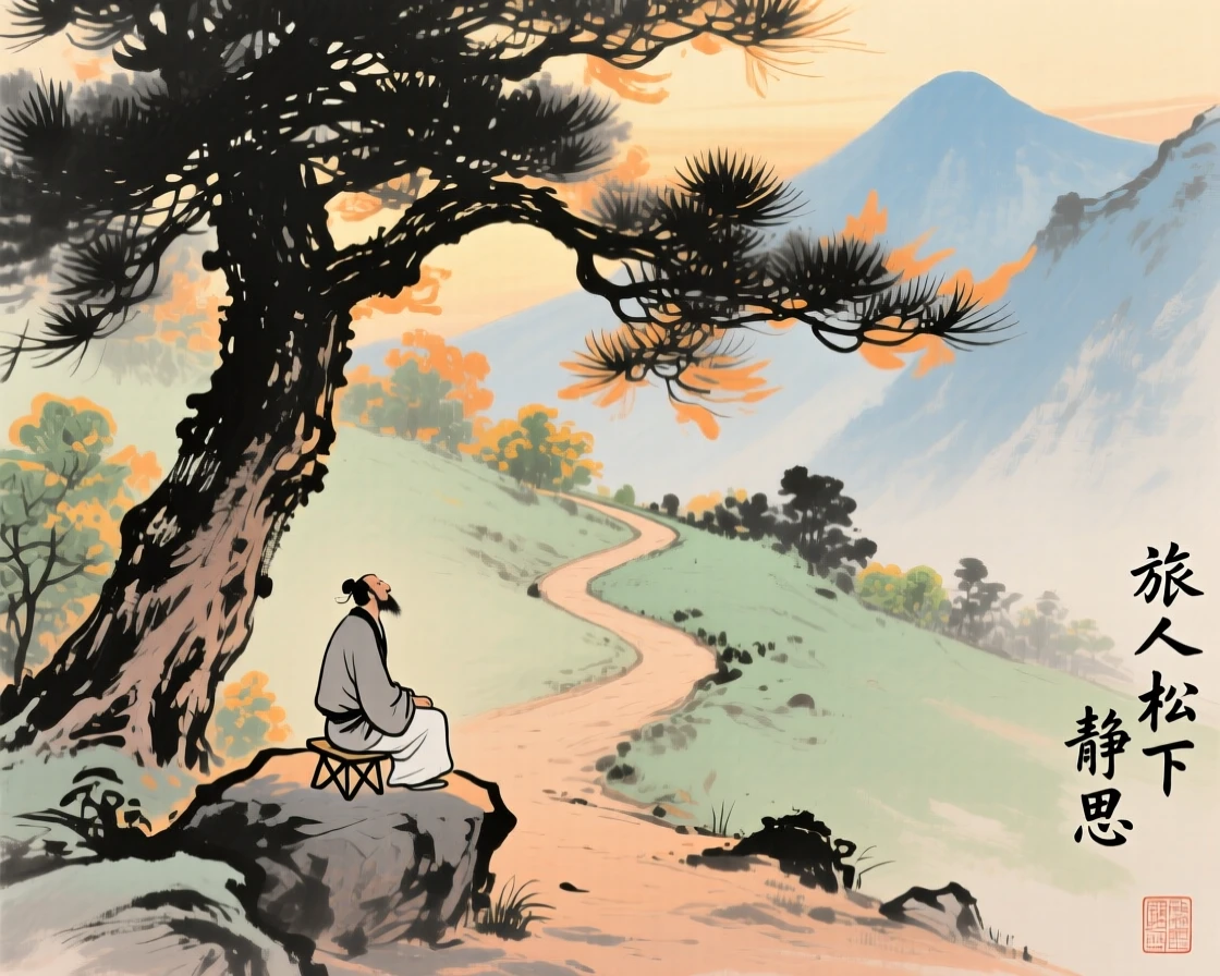 A traveler resting beneath a pine tree along a mountain trail, in the height of summer, full of quiet reverence, in the last golden light of day.