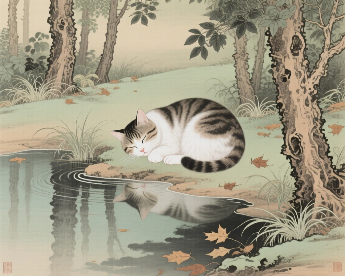 A cat curled up asleep drinking from a still forest pool