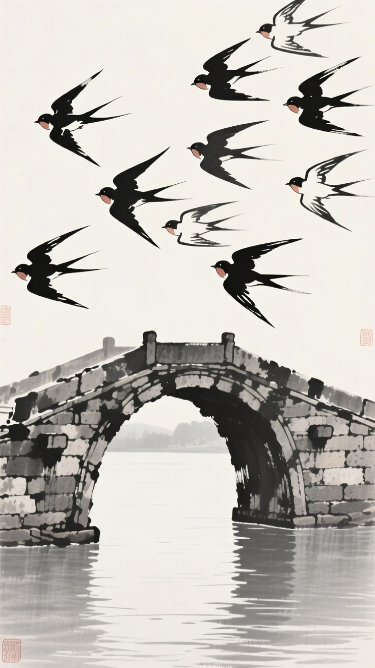 A flock of swifts taking flight over a still lake near an old stone bridge, seen up close with delicate feather detail, conveying serenity and effortless movement.