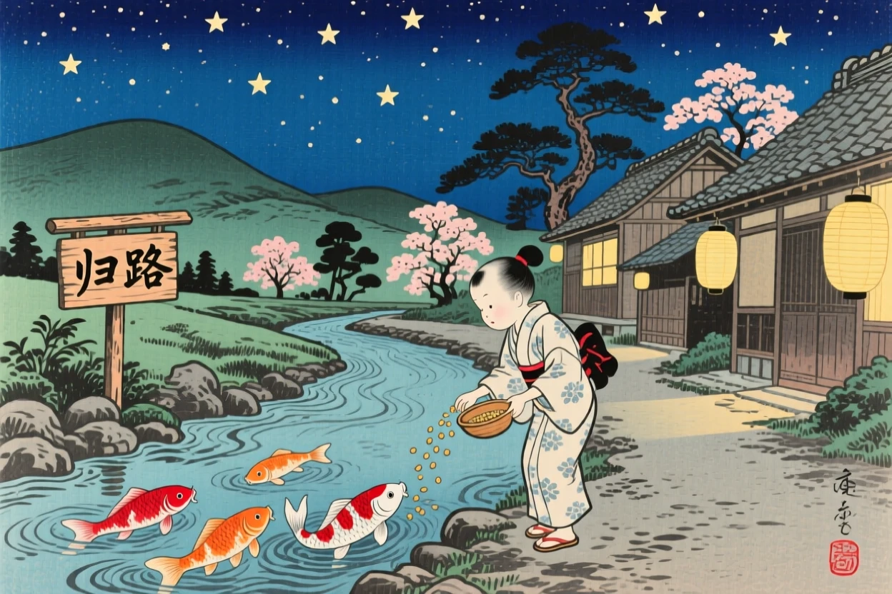A child feeding koi walking home beneath a starlit sky.