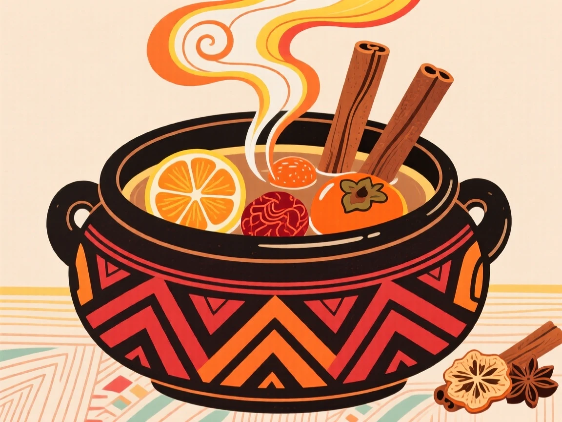 A pot of mulled fruit tea with cinnamon sticks and dried persimmon.