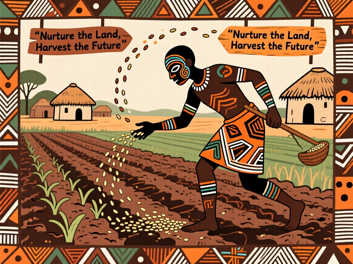 A farmer scattering seed across a freshly tilled field at the edge of a quiet village.