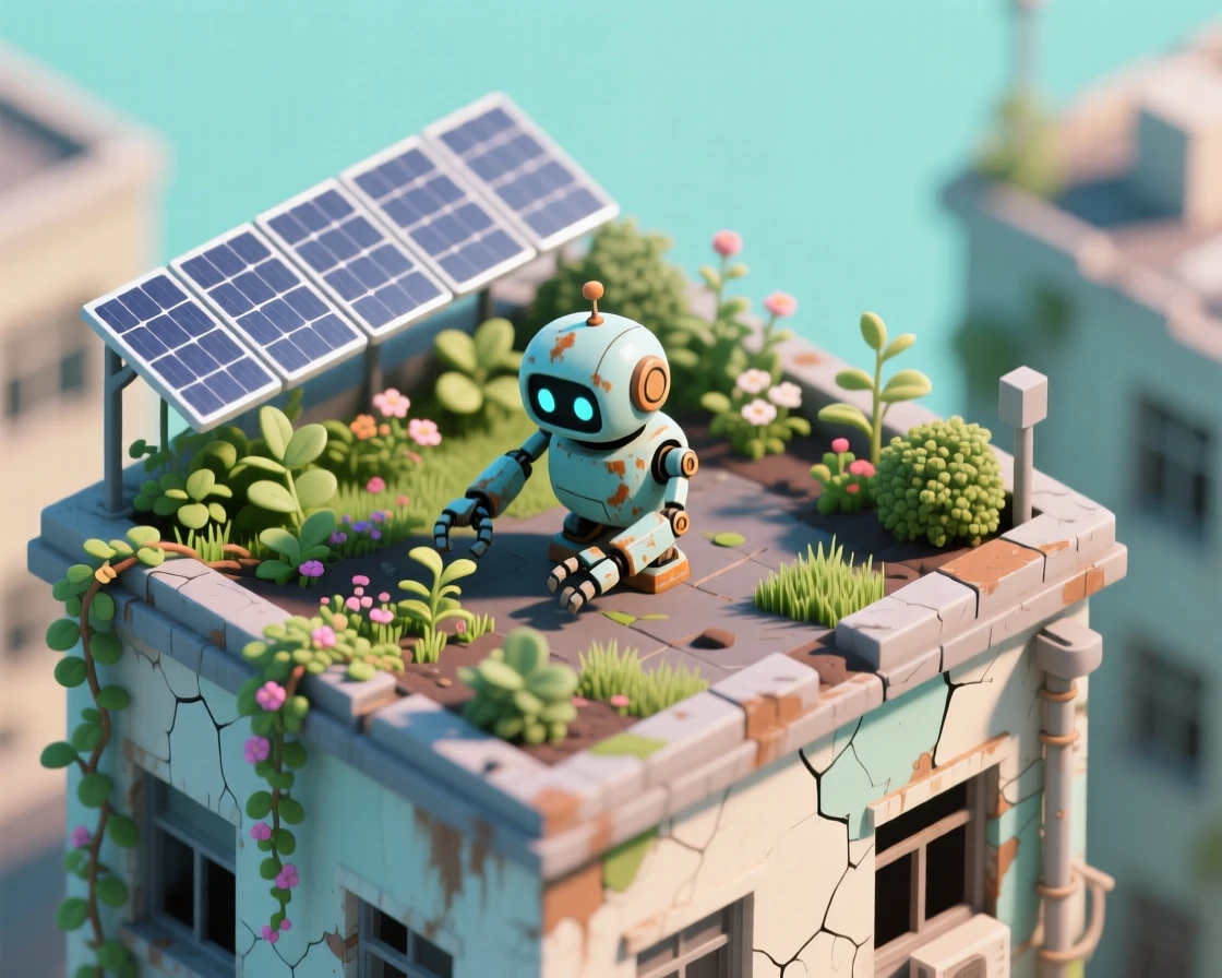 A time-worn robot tending an overgrown rooftop garden in an abandoned city, solar panels gleaming above.