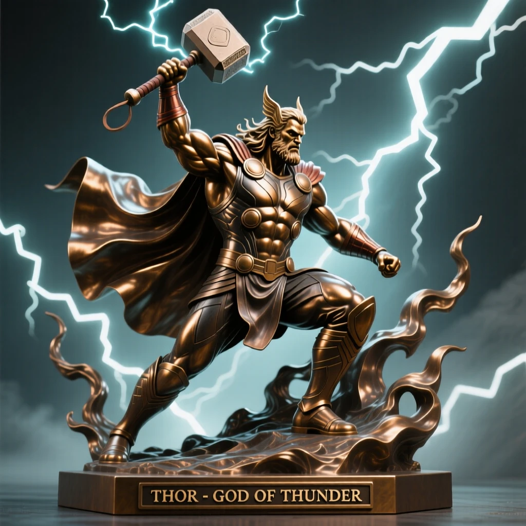Thor wielding his hammer amid lightning, bathed in ethereal, otherworldly glow, radiating awe and grandeur