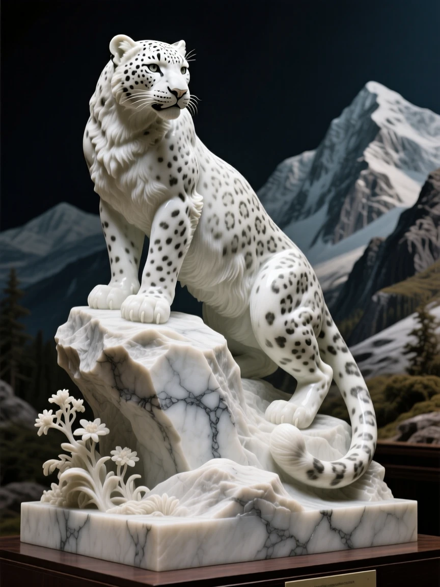 A beautifully composed image of a snow leopard perched on a rocky outcrop, framed by dramatic natural scenery, full of atmosphere and visual storytelling