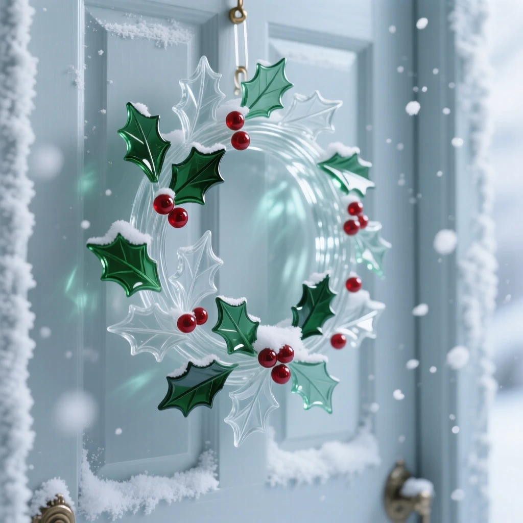 Beneath a sky filled with gently falling snow, a wreath of holly hanging on a snow-dusted door