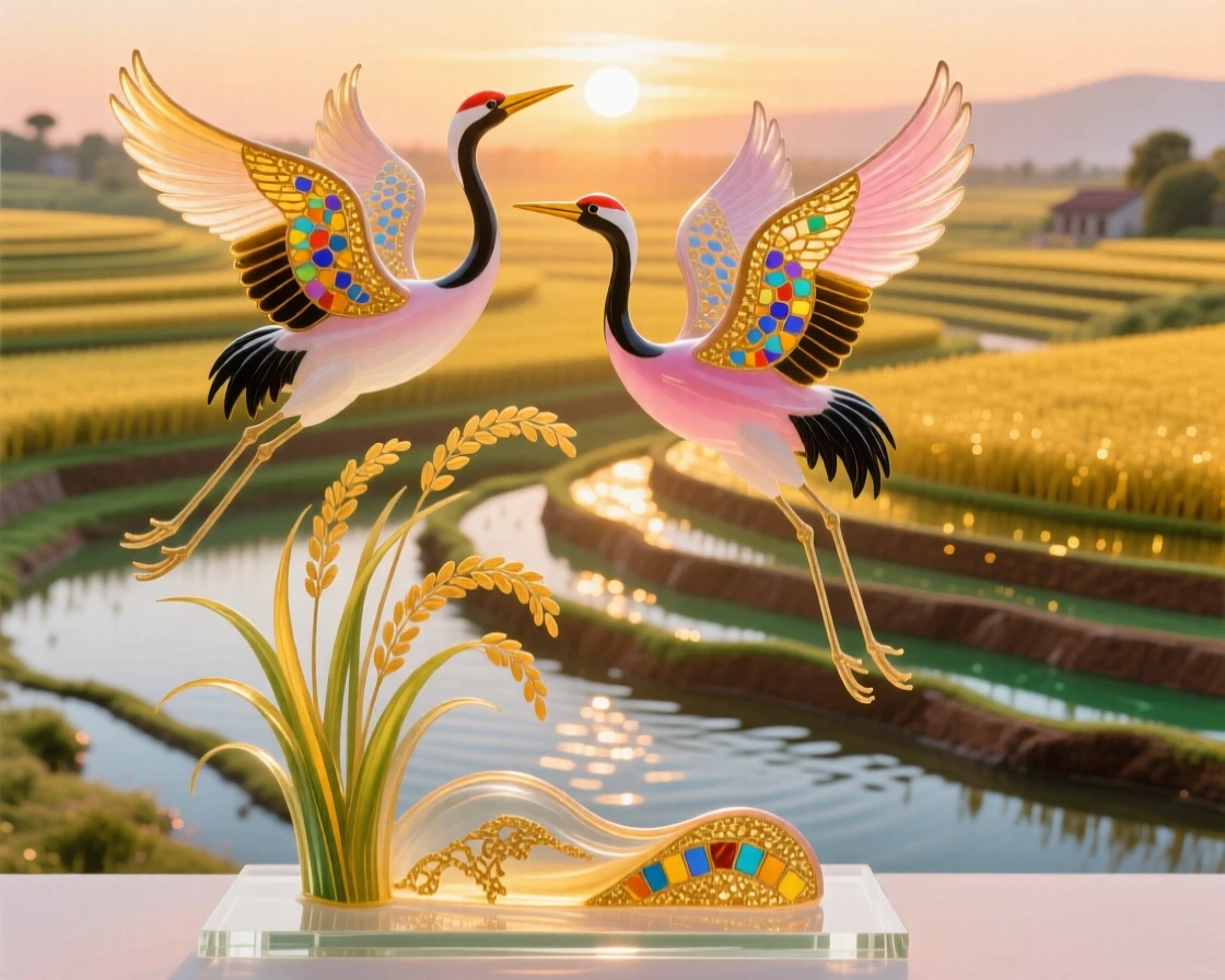 A pair of cranes flying together above a golden rice terrace at sunrise, graceful and serene.