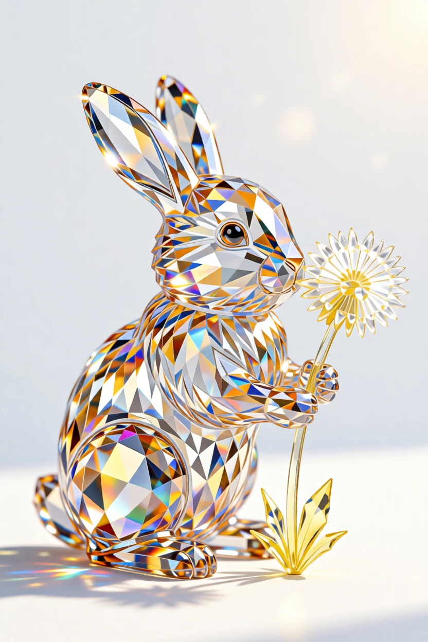 A fluffy baby bunny nibbling on a dandelion in a sunlit meadow.