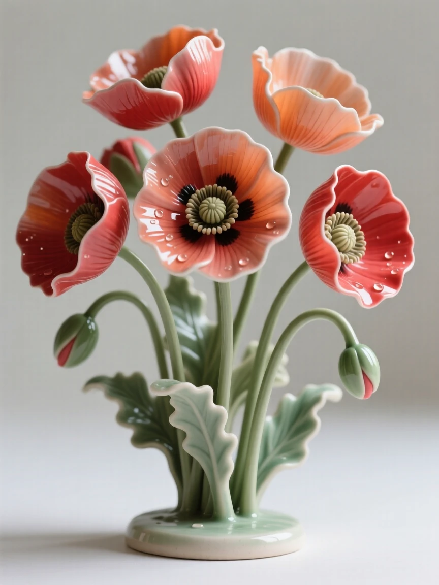 A cluster of poppies swaying in a breeze arranged as if freshly gathered, with dew glistening on each petal, radiating freshness and natural elegance.