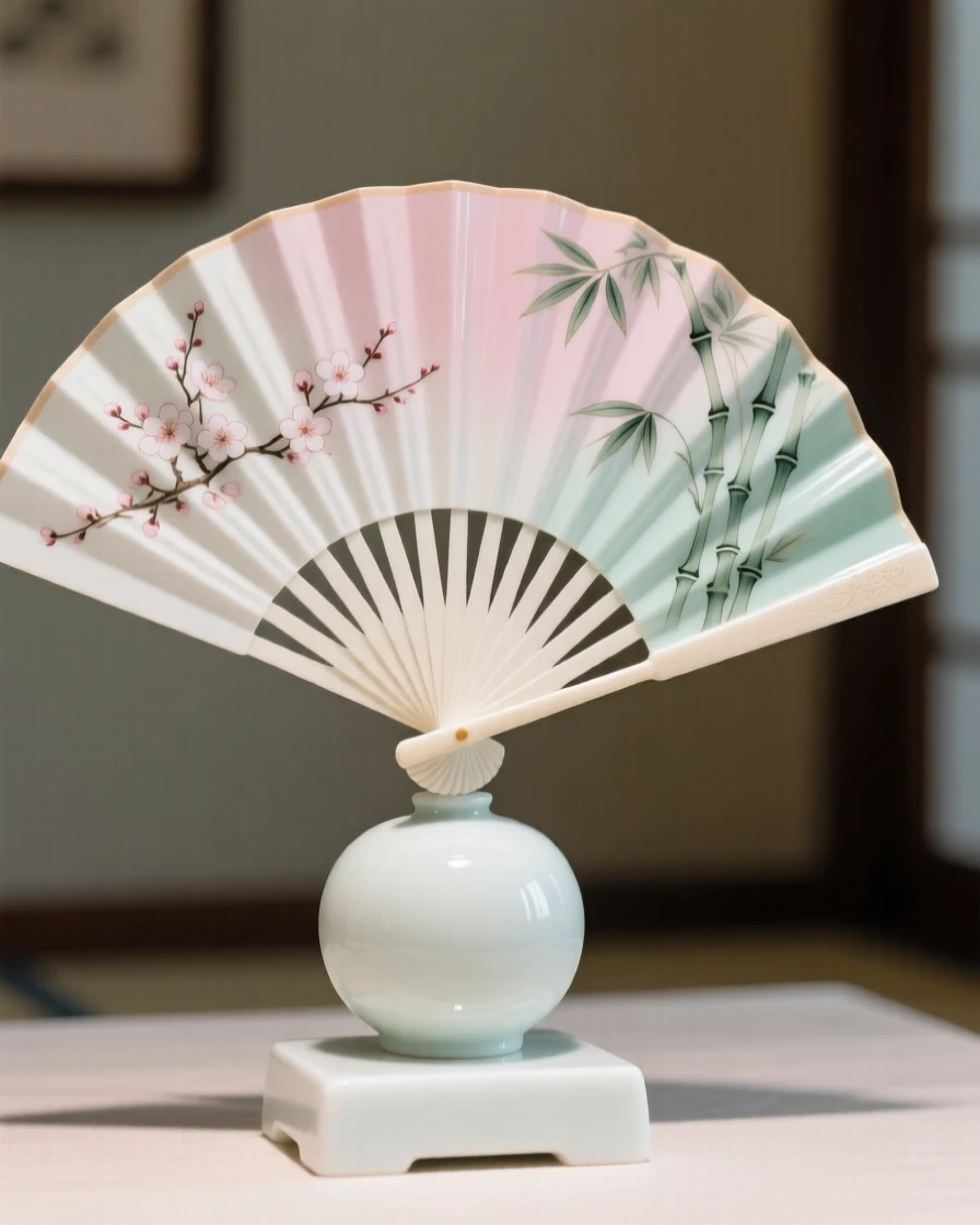 An elegant hand-painted fan spread open, displayed as the centerpiece of a quiet room.