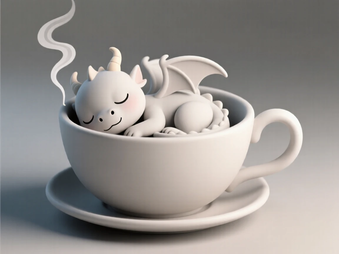 A gentle baby dragon curls up asleep inside an oversized teacup, tiny wisps of smoke drifting from its nostrils.