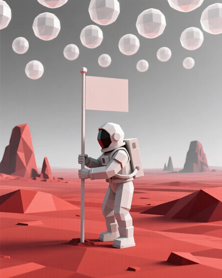 An astronaut planting a flag on an alien red landscape, beneath a canopy of dreamlike floating light. the scale of the scene emphasizes its vastness and wonder. A sense of quiet wonder fills the cosmos.
