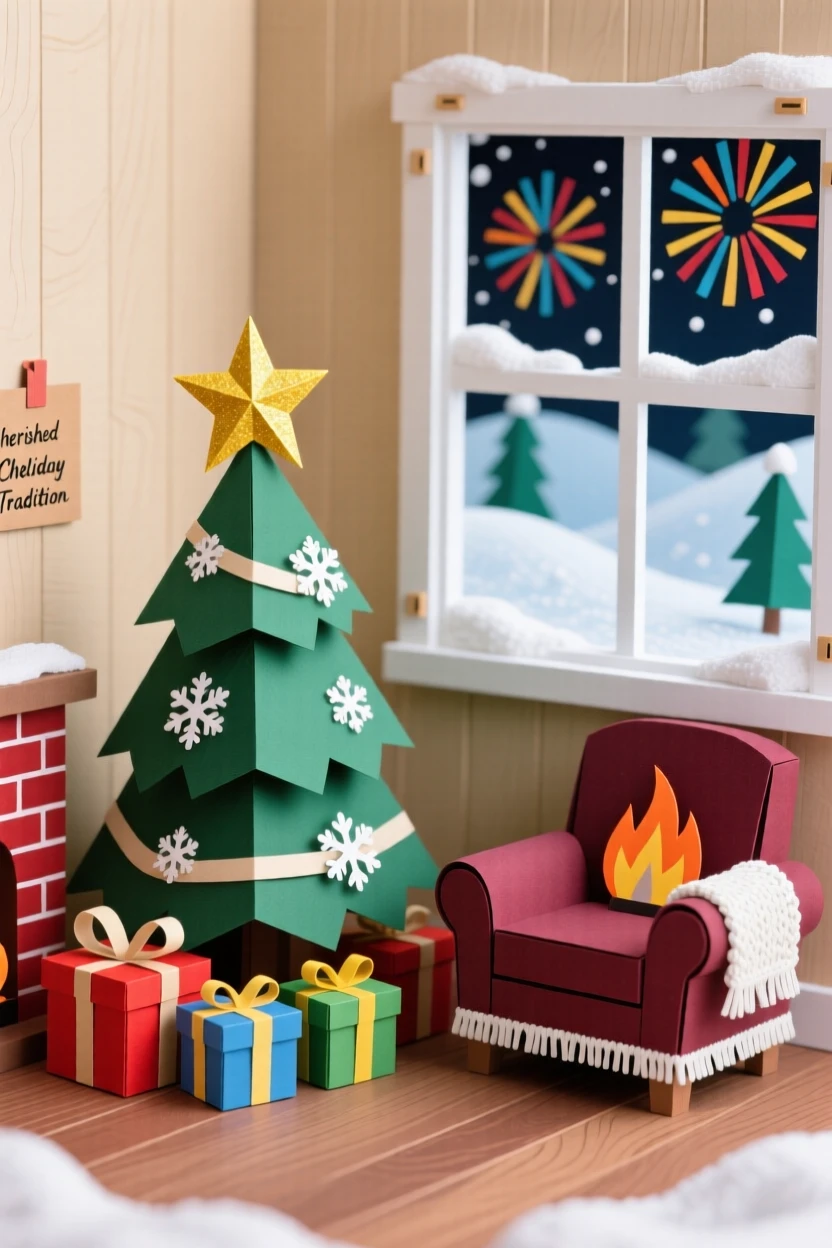 A cozy Christmas living room framed by fresh-fallen snow, with fireworks bursting colorfully overhead, capturing cherished holiday tradition.