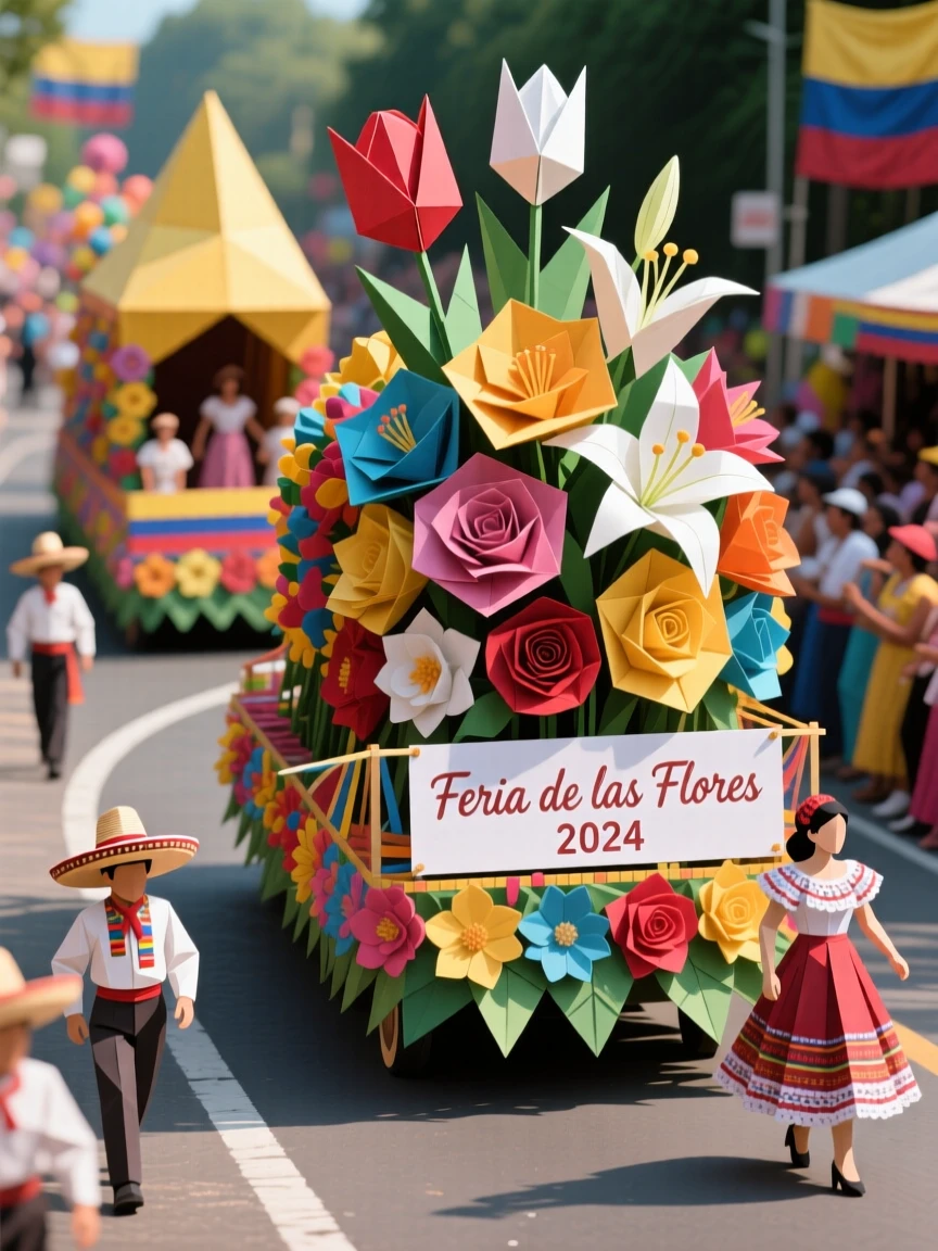 A Colombian Feria de las Flores parade scene with elaborate flower-covered displays.
