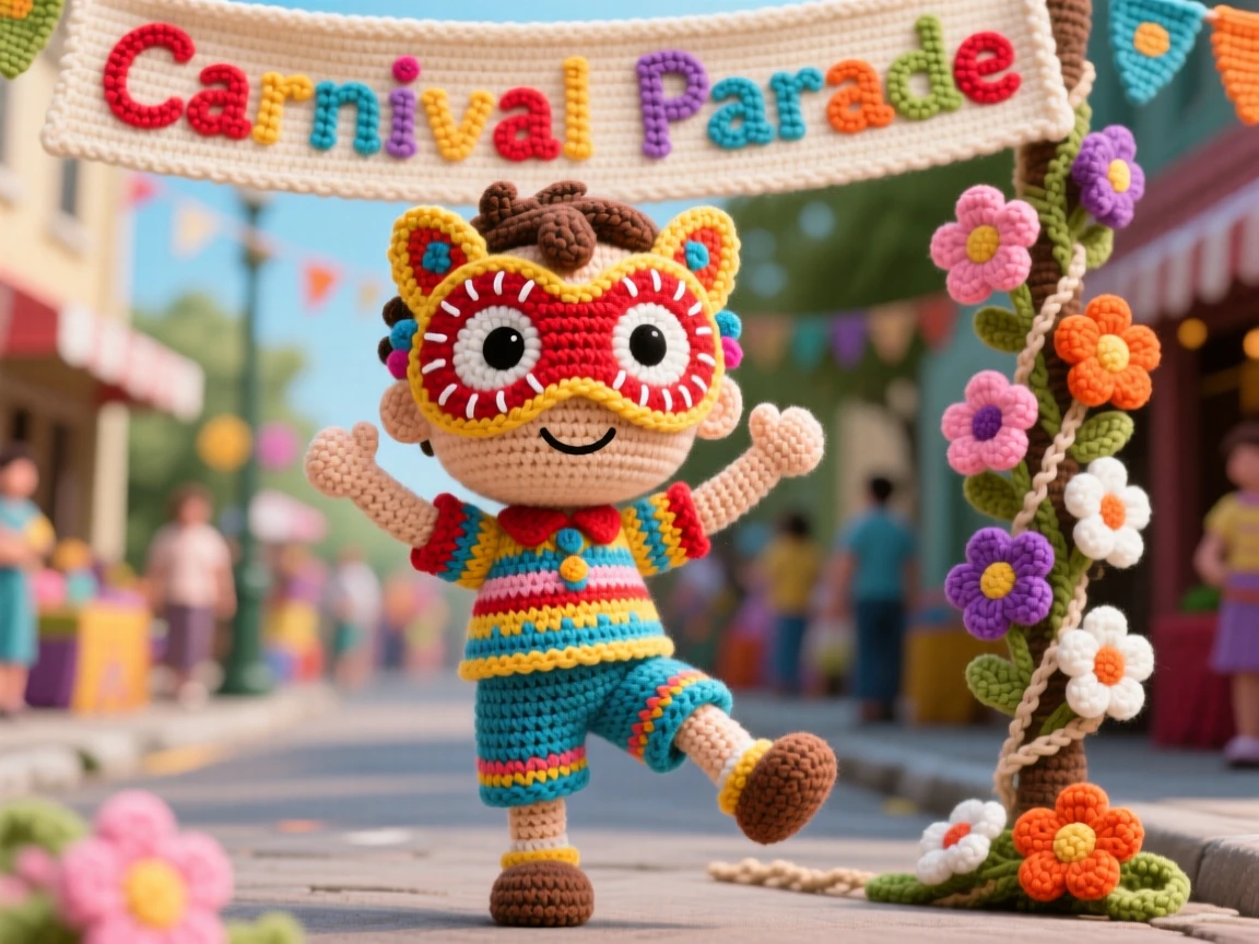 a small boy wearing a festival mask, for a lively carnival parade, is shown dancing joyfully down a decorated street in a bustling street decorated for a festival beside a garland of woven flowers draped nearby, capturing joyful community celebration and shared tradition.