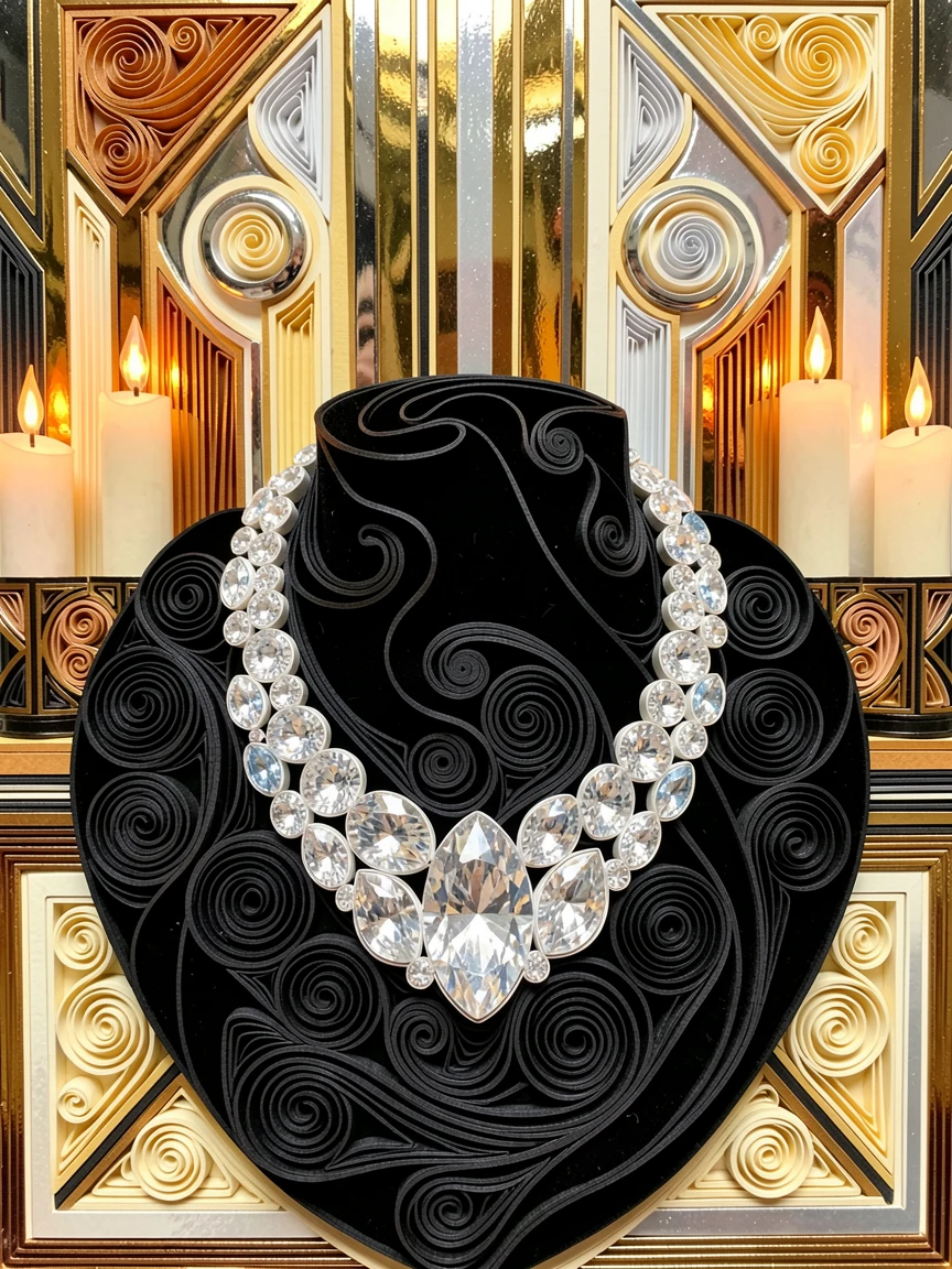 A sophisticated luxury scene of a diamond necklace draped elegantly over black velvet in an elegant art deco lobby, with soft candlelight reflecting off polished surfaces, composed with glossy reflective surfaces throughout.