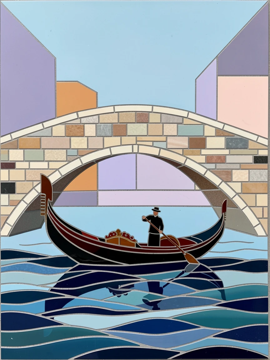 A traditional gondola drifting beneath an arched stone bridge in Venice.